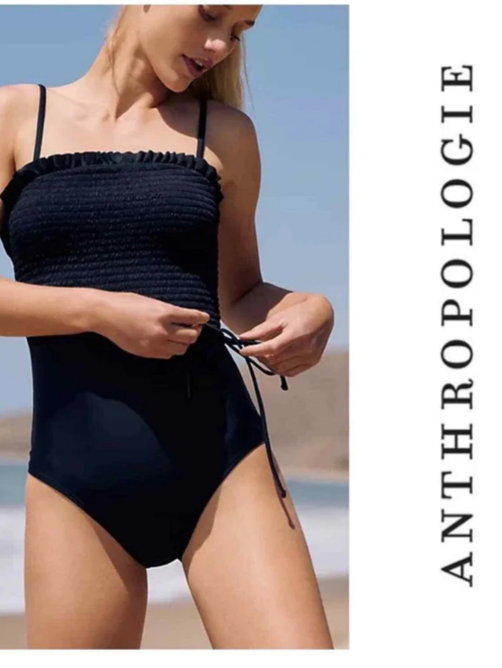 Anthropologie Black Smocked One-Piece Swimsuit Size Medium